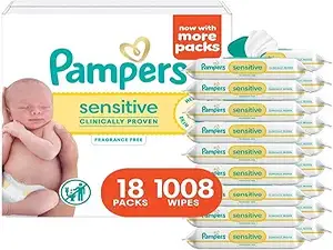 Pampers Sensitive Baby Wipes, Water Based, Hypoallergenic and Unscented, 18 Flip-Top Packs (1008 Wipes Total)