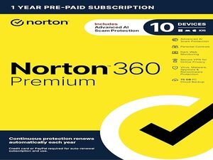 Norton 360 Premium, 2026 Ready Antivirus software for 10 Devices with Auto-Renewal – Includes Advanced AI Scam Protection, VPN, Dark Web Monitoring & PC Cloud Backup [Key Card]