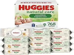 Huggies Natural Care Sensitive Baby Wipes, Unscented, Hypoallergenic, 99% Purified Water, 12 Flip-Top Packs (768 Wipes Total), Packaging May Vary